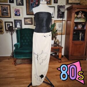 Vintage 80s Michael Vollbracht Vintage Strapless Maxi Dress Black Ivory Floral